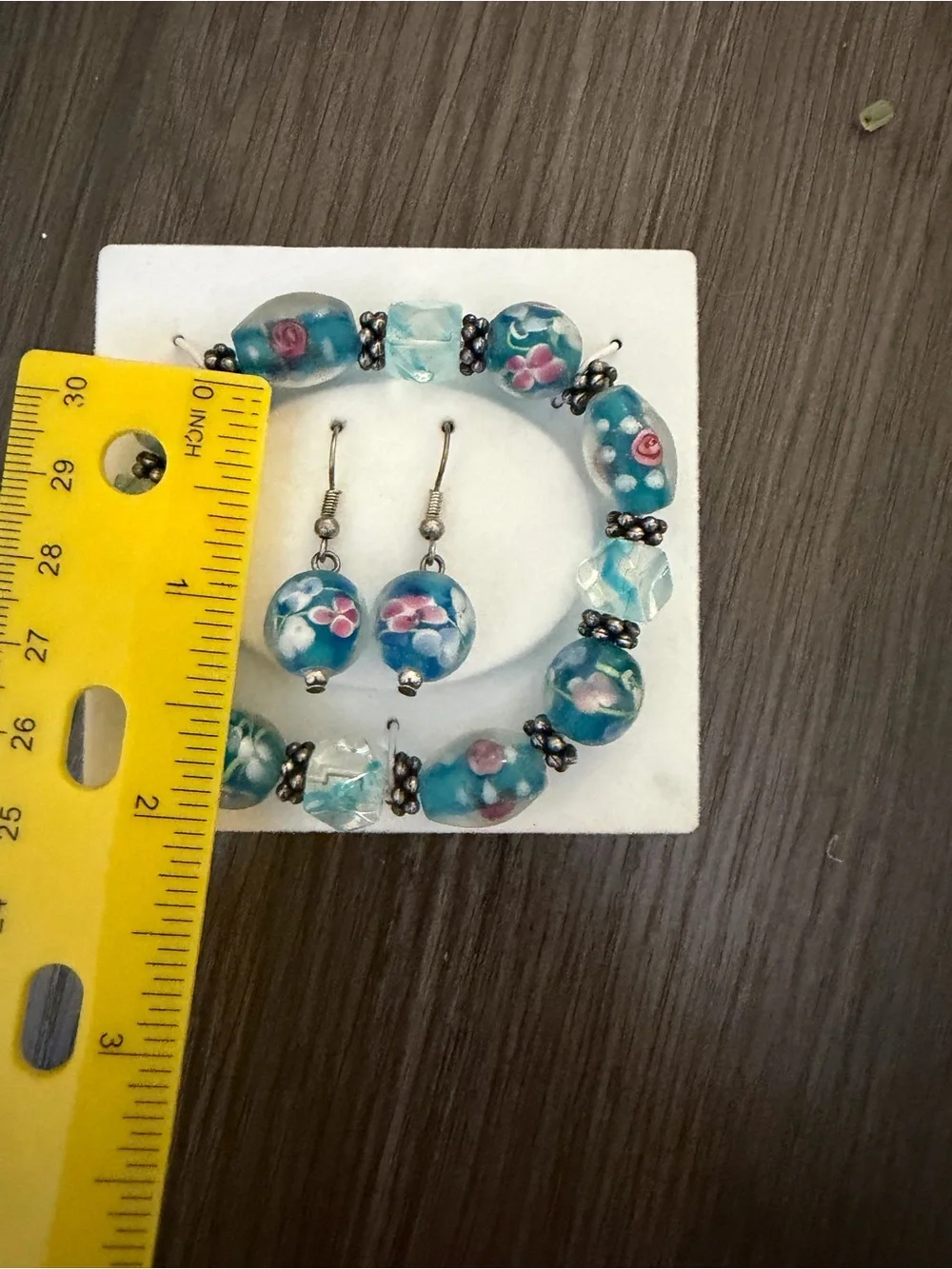 Handcrafted Floral Blue Glass Bead Bracelet & Earring Set